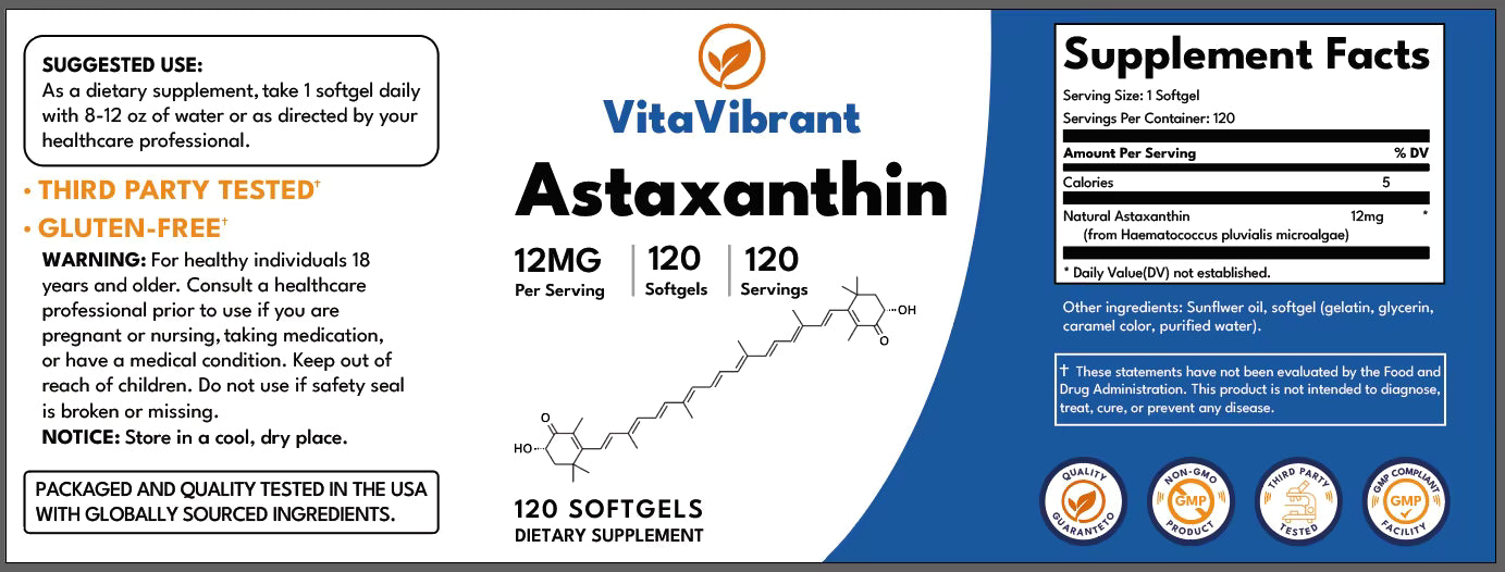 Astaxantina 12 mg – Antioxidante Natural Potente para Piel, Vista y Energía Celular